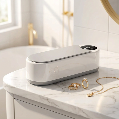 SparkLuxe ultrasonic jewelry cleaner on a marble vanity with rings