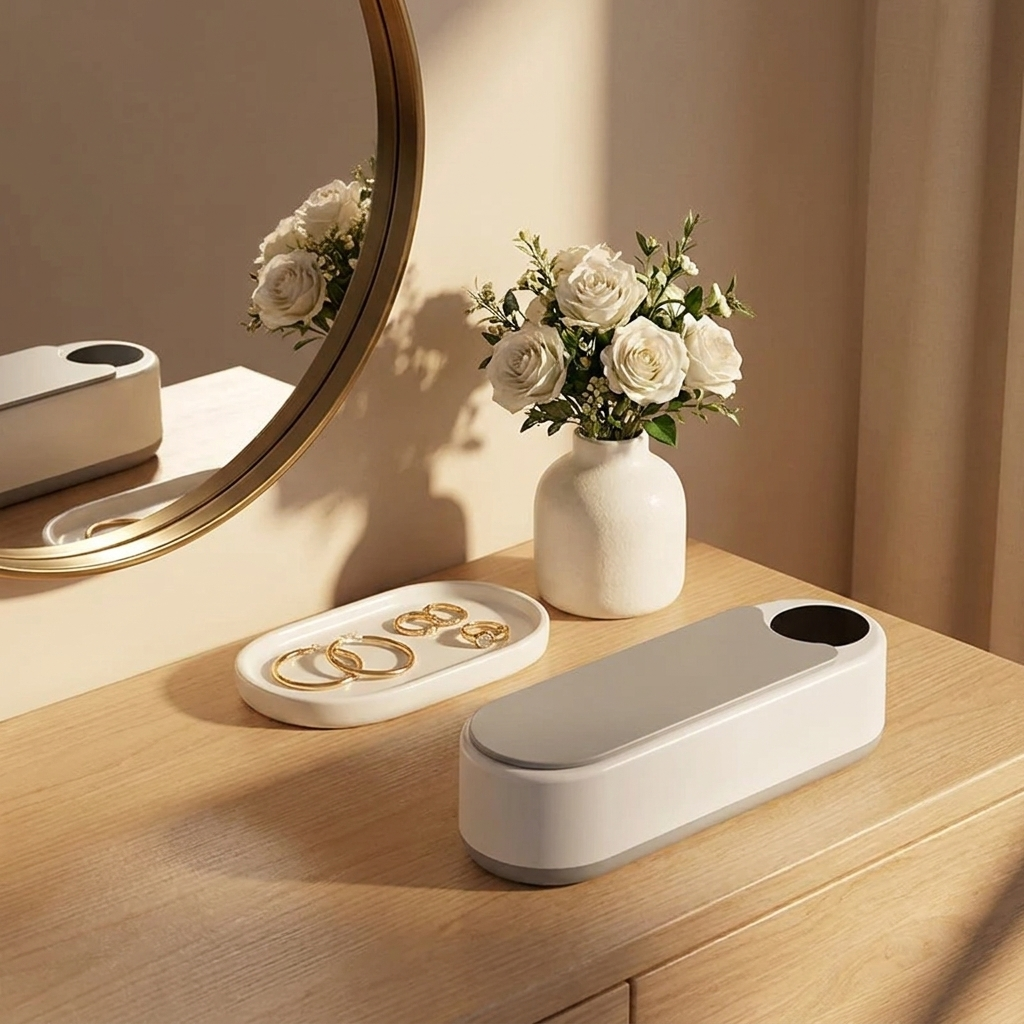 SparkLuxe jewelry cleaner on a dresser with earrings and rings