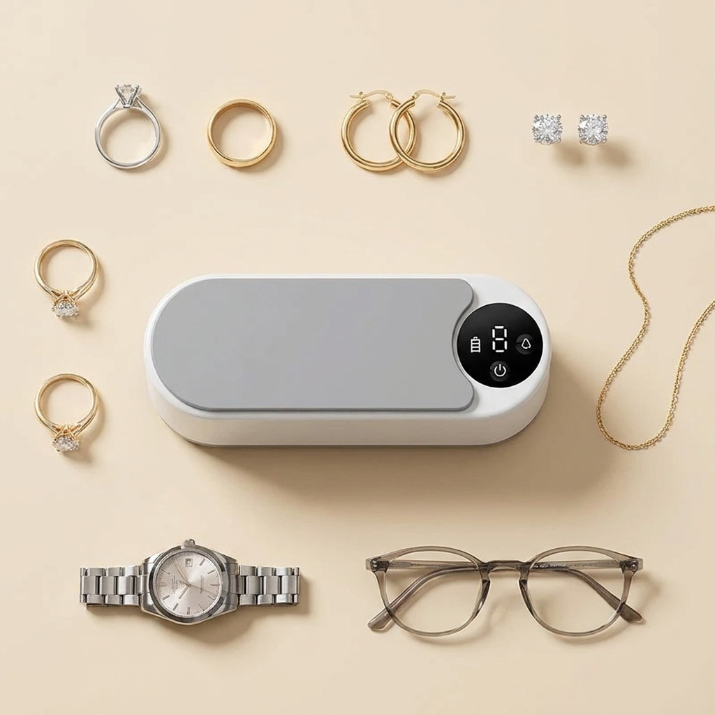 SparkLuxe jewelry cleaner with rings, earrings, necklace, watch and glasses