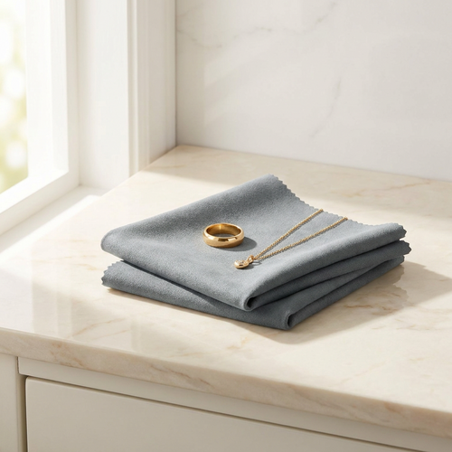 SparkLuxe polishing cloths on a marble vanity with gold jewelry